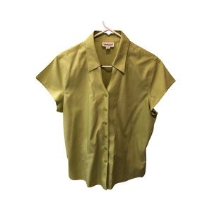Coldwater Creek Lime Green Button Front Short/Cap Sleeves V-Neck Cotton Top PL